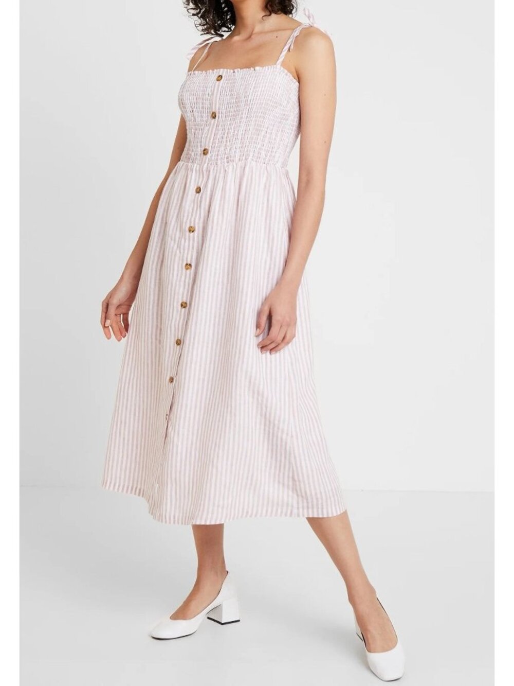 Abercrombie & Fitch Dress Size Large Beige Striped Smocked Midi Button Front